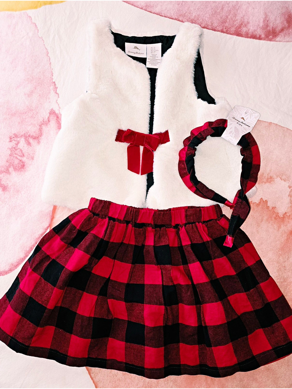 Tommy Bahama Girls 5T 3pc Skirt Set Faux Fur Vest Red Black Plaid + Headband
